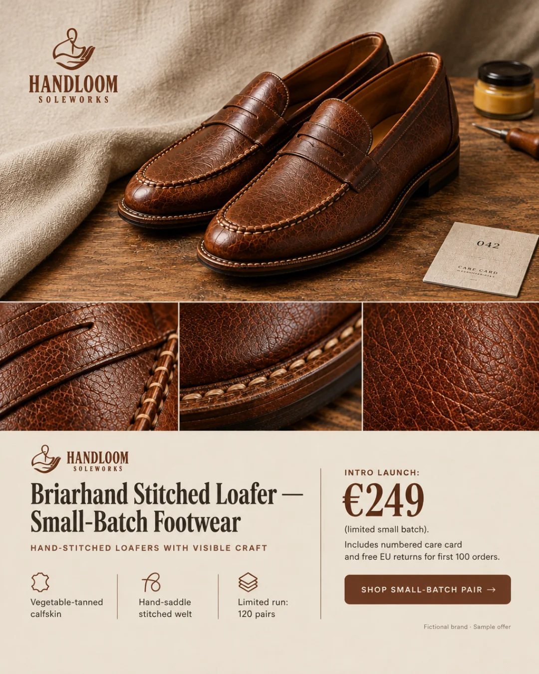 Mocasín Briarhand Cosido a Mano — Edición Limitada · 4:5