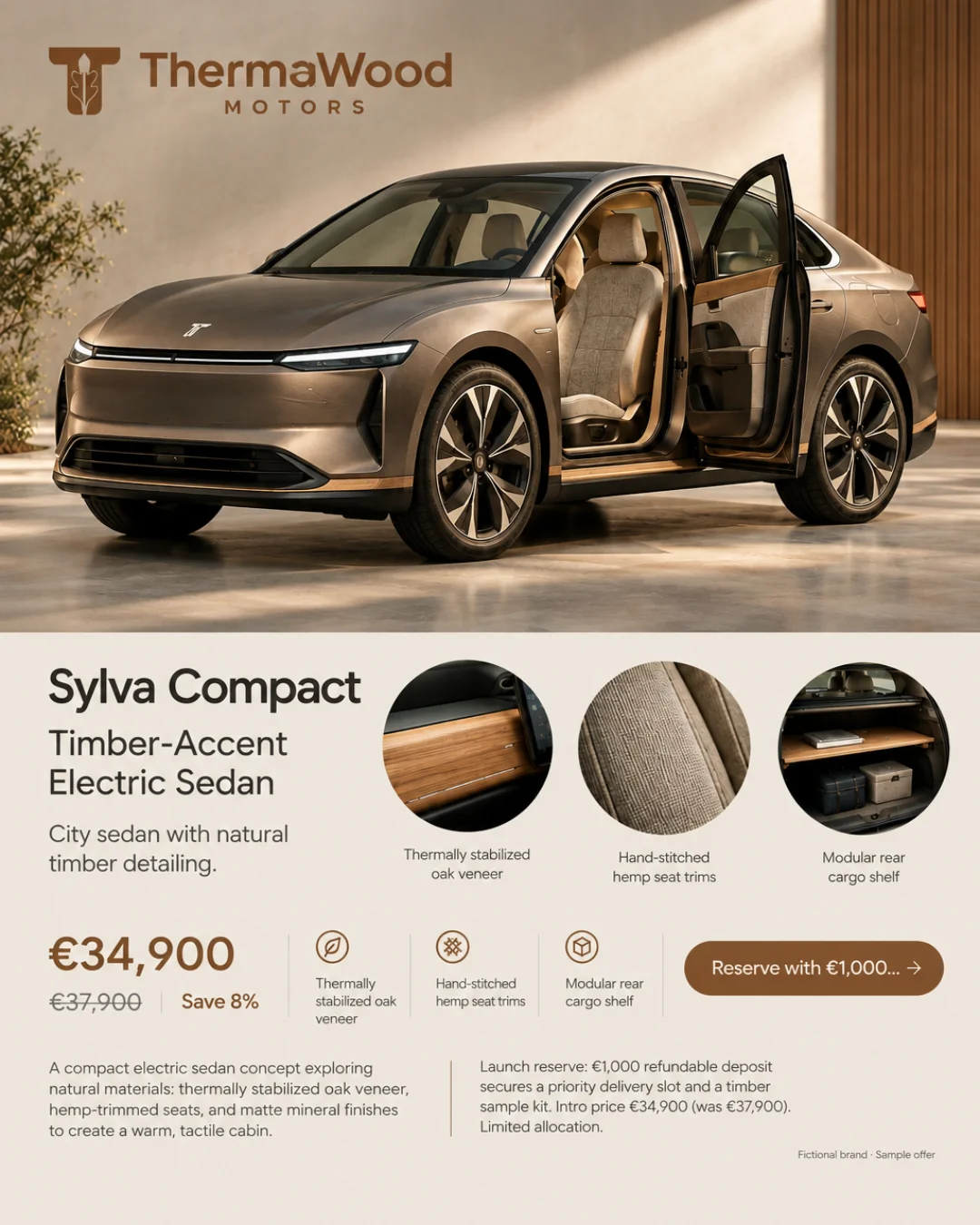 Sylva Compact — Berlina eléctrica con madera · 4:5