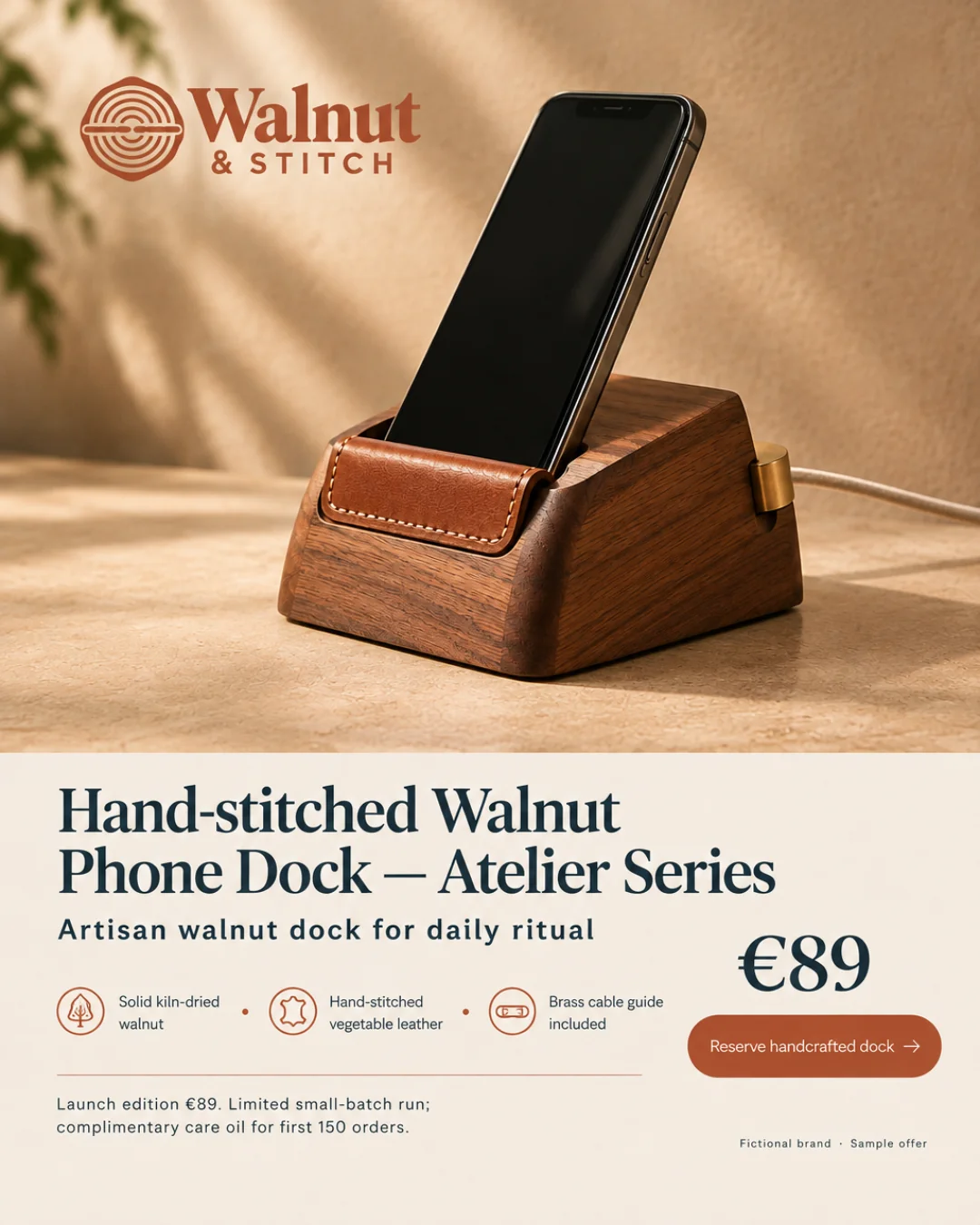 Dock de teléfono de nogal cosido a mano — Serie Atelier · 4:5