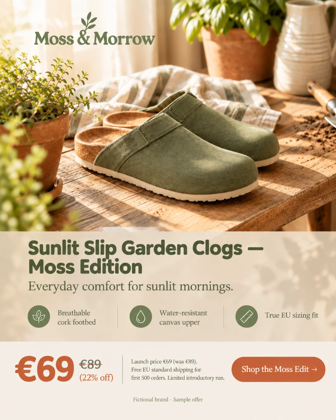 Zuecos Sunlit Slip — Edición Musgo · 4:5