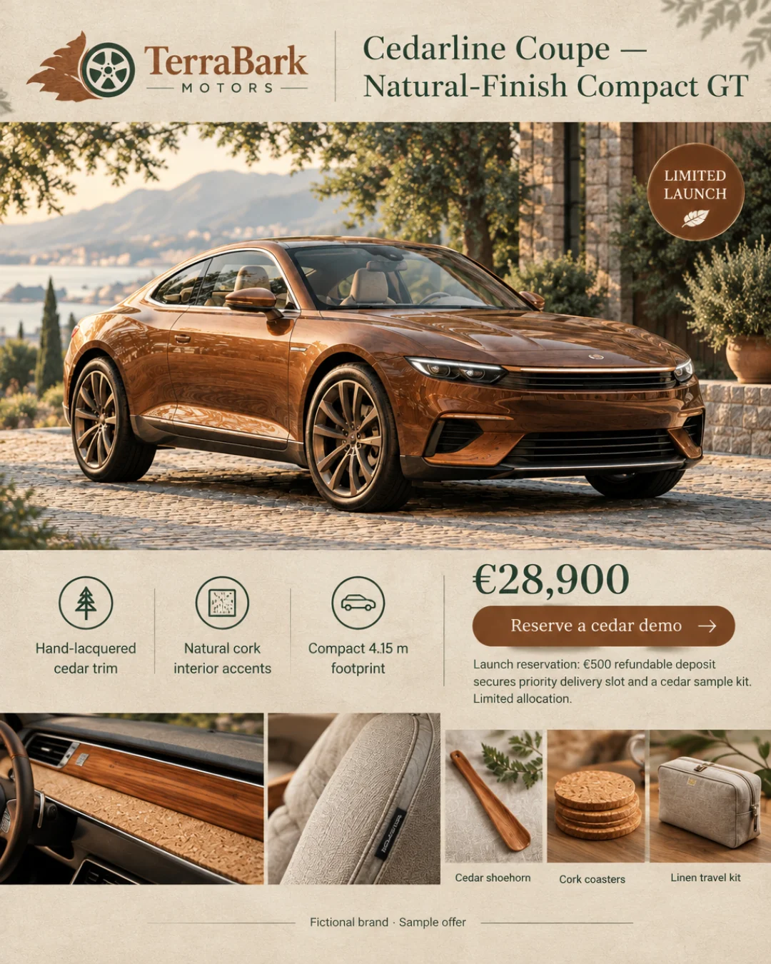 Cedarline Coupe — GT compacto con acabado natural · 4:5