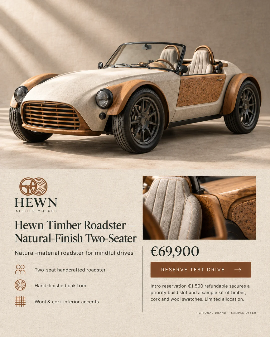 Hewn Timber Roadster — Biplaza con acabado natural · 4:5